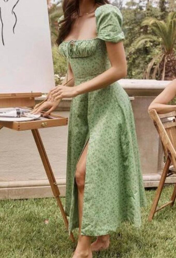 Linsery Women's Puff Sleeve Floral Maxi Dress Elegant Square Neck Cottagecore Boho Split Long Dresses – Bild 4