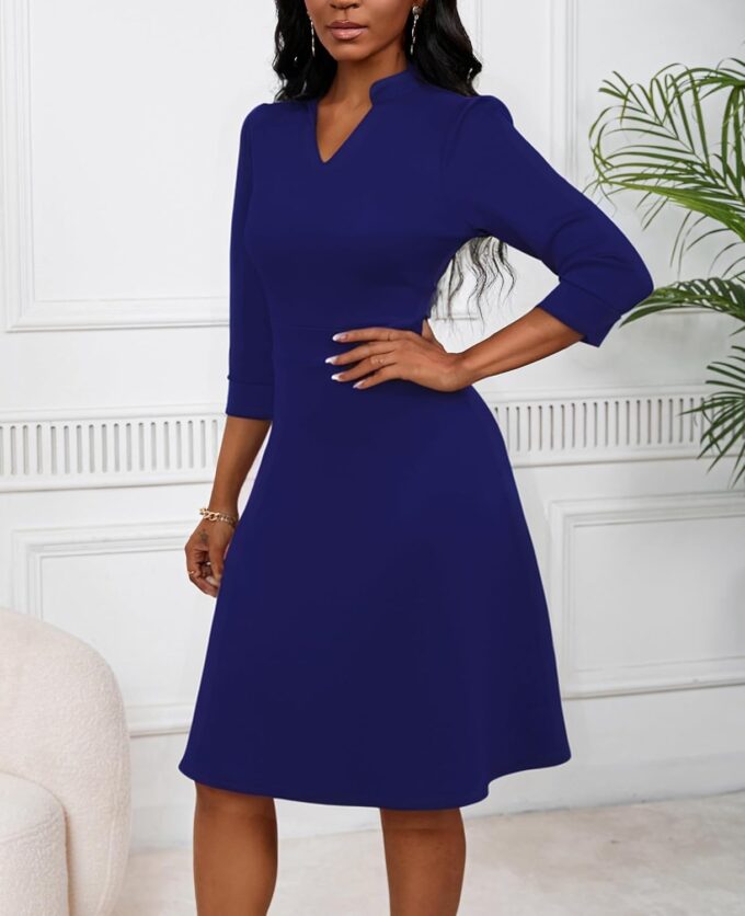 PerZeal Women's Casual Flowy A-Line Midi Dress Flared V-Neck Colorblock Print for Wedding Guest 3/4 Sleeve Dress with Belt – Bild 4