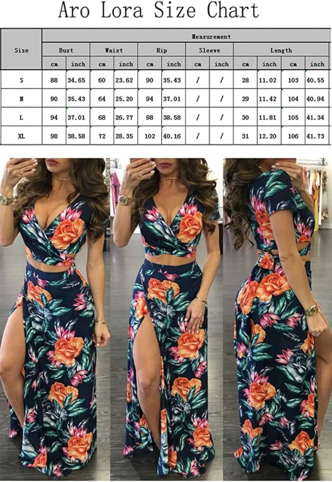 Aro Lora Women's Sexy V Neck Floral Printed Side Slit Two-Piece Maxi Dress – Bild 2