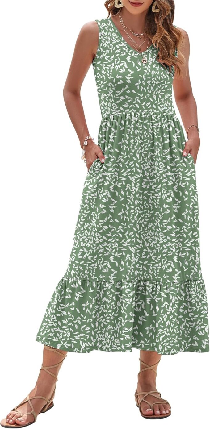 AUSELILY Womens Maxi Dress 2025 Sleeveless Summer Dresses V Neck Casual Tiered Sundresses with Pockets