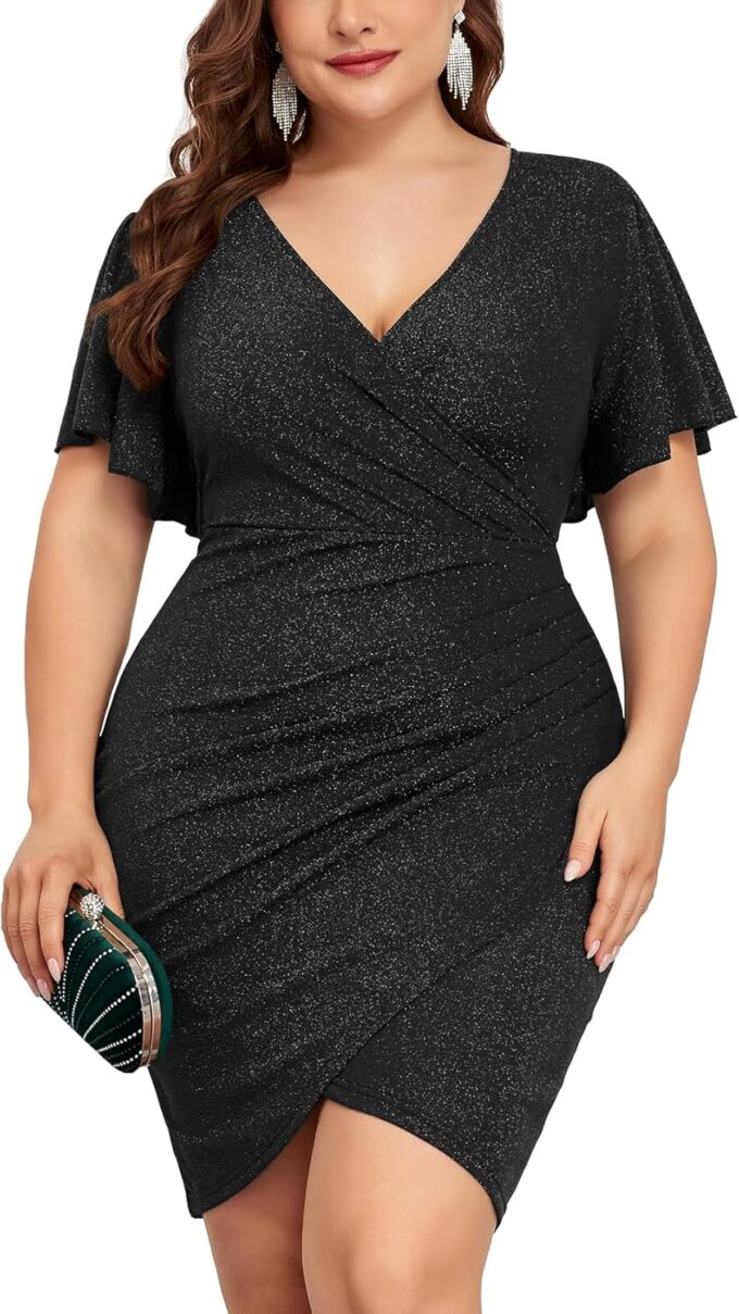 ZOMVA Plus Size 0X-4X Sparkly Glitter Ruched Bodycon Mini Dress Sparkle Sequin Wrap Ruffle Sleeve Dress Cocktail Party Formal