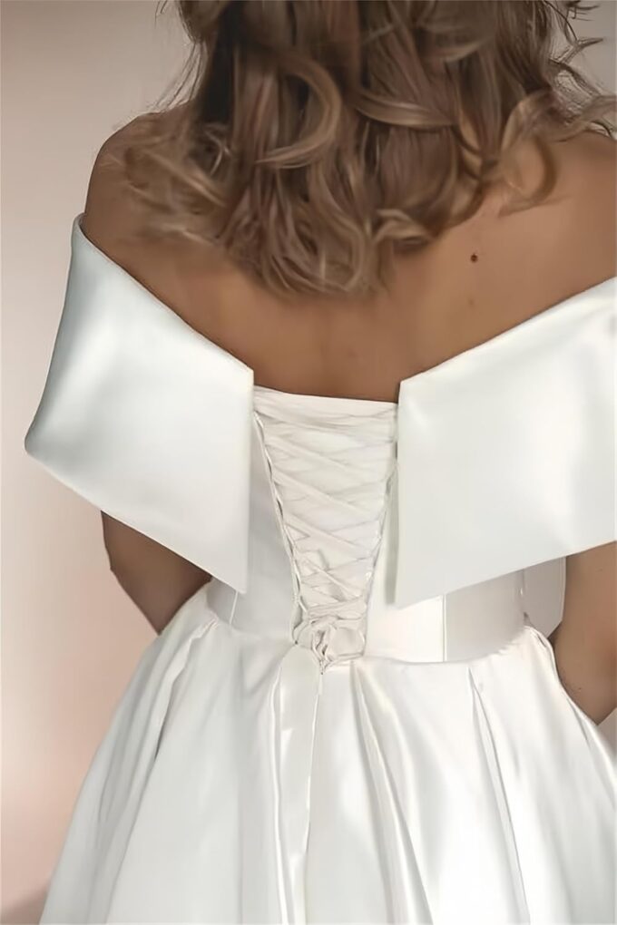 Women's Off Shoulder Wedding Dress for Bride Tea Length A Line Satin Formal Prom Dresses with Pockets – Bild 5
