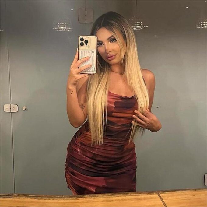 Women's Spaghetti Strap Mesh Dress Backless Ruched Tie Dye Asymmetrical Split Hem Cocktail Evening Party Midi Dress – Bild 2