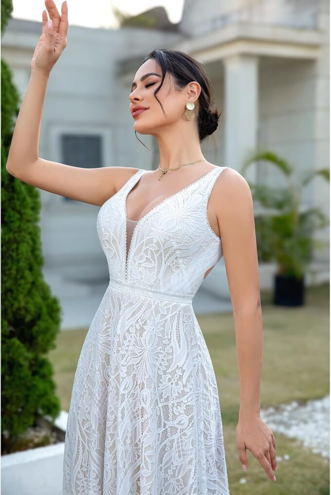 WIOJEIGO Women's Lace Boho Wedding Dress for Bride with Double Shoulders 2025 Bohemian Long A-Line Beach Bridal Gowns – Bild 6