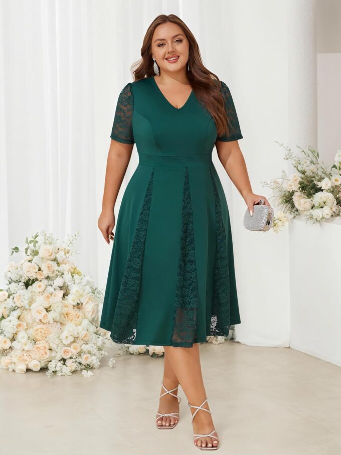 ZNU Women’s Plus Size Wedding Guests Dresses for Formal Lace Short Sleeve V-Neck Cocktail Evening Party Dress Midi Dress – Bild 3