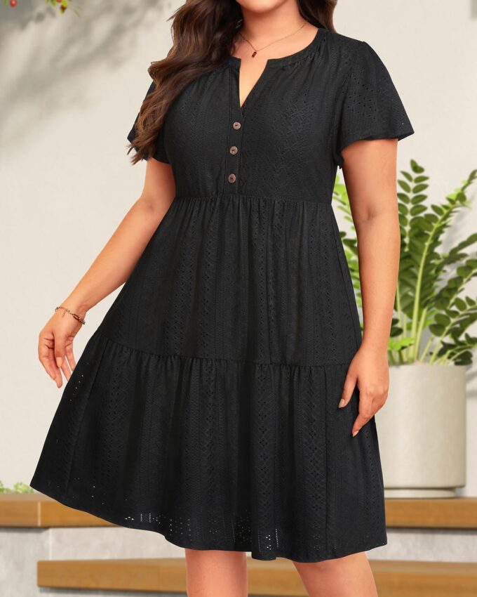Plus Size Summer Dress - Casual Sundress Beach Short Sleeve V Neck Tiered Button Up Boho Midi Flowy Sun Dresses Women – Bild 3