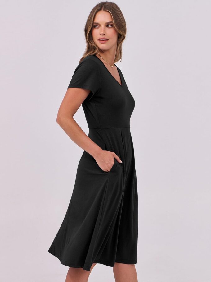 ANRABESS Women Summer Dress Casual Short Sleeve V Neck A-Line Knee Length Pleated Flowy 2025 Fashion Midi Dresses with Pocket – Bild 5