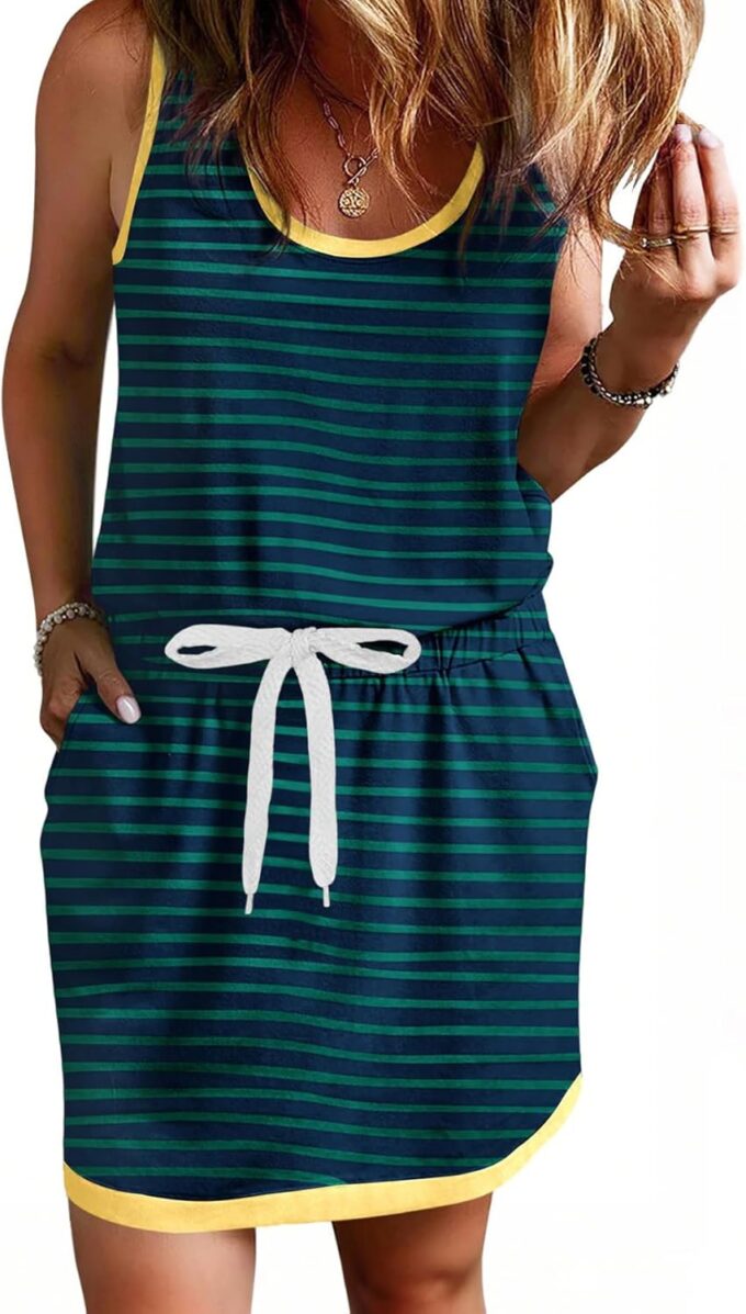 Yousify Cotton Summer Dresses for Women Striped Dress Drawstring Waist Casual Tank Mini Dresses with Pockets – Bild 3