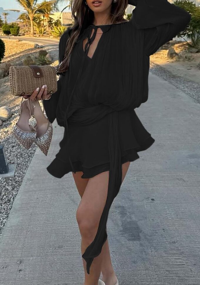 Unybwonn Elegant Ruffle Mini Dress Pleated Long Sleeve Lace up Short Dress Tie Waist Cocktail Mini Dresses with Shorts – Bild 6
