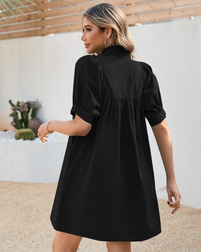 Women's Ruffle Collar High Neck Mini Dress Puff Short Sleeve Cotton Babydoll Peplum Dresses with Pockets – Bild 4