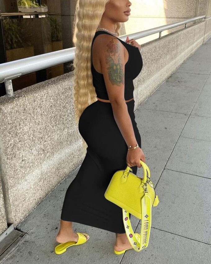 Women Sexy Two Piece Skirt Outfits Long Sleeve/Sleeveless V Neck Bodycon Ribbed Knitted Maxi Club Party Dress – Bild 3