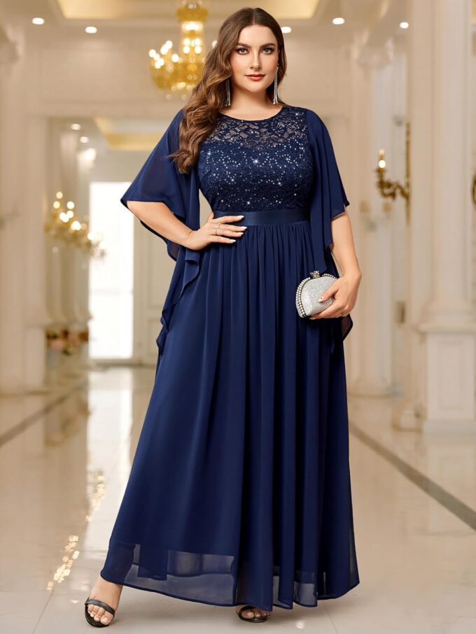 Miusol Women's Plus Size Sequin Lace with Ruffle Cape Cloak Sleeves Elegant Evening Wedding Party Maxi Dress – Bild 3