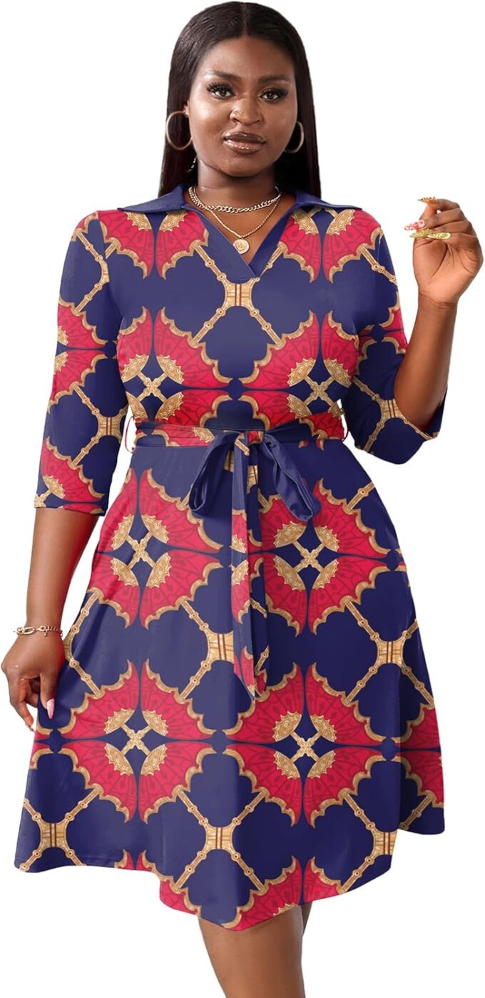 FANDEE Plus Size Midi Dress for Women - Printing Summer Dresses for Wedding Guest Cocktail Party 3/4 Sleeve V Neck（XL-5XL） – Bild 4
