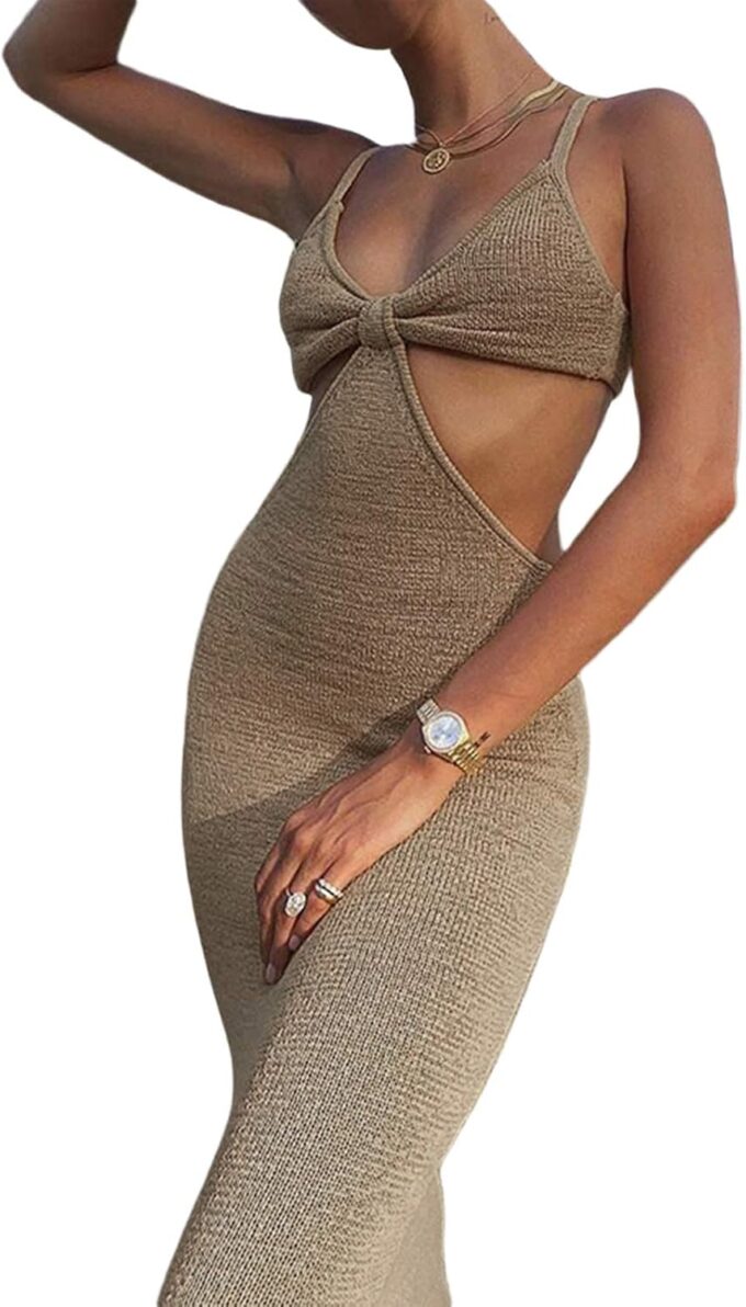 NUFIWI Womens Sexy Knitted Cut Out Spaghetti Strap Long Dresses Halter Neck Backless Maxi Dress Club Party Y2K Streetwear – Bild 3