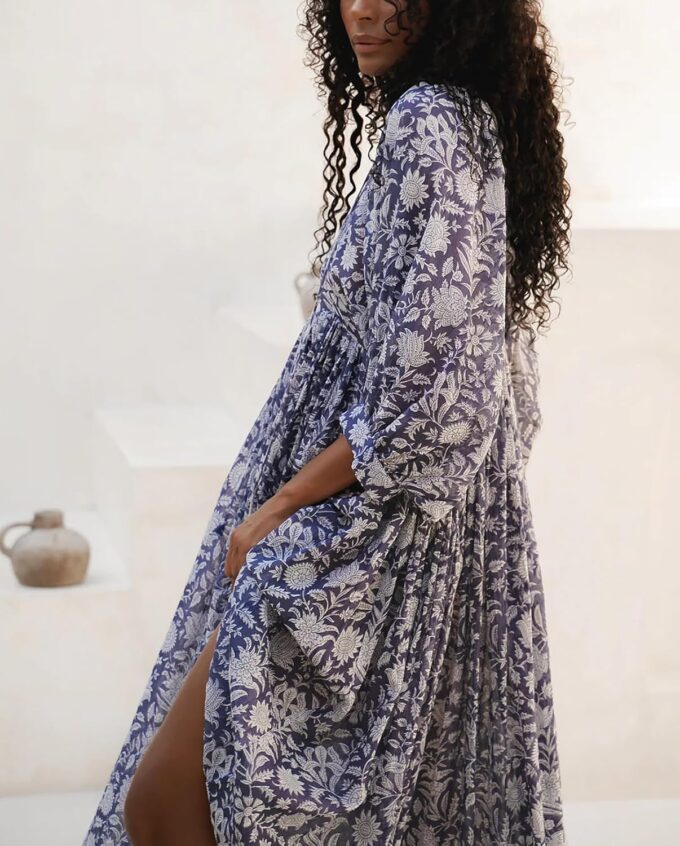 Casual Summer Dresses for Women Swing Floral Half Open Collar Boho Puff Sleeve Loose Midi Beach Dress – Bild 3