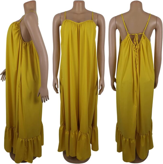 Womens Sexy Sleeveless Spaghetti Strap Dress Ruched Ruffle Hem Beach Loose Long Maxi Swing Dress Plus Size – Bild 5