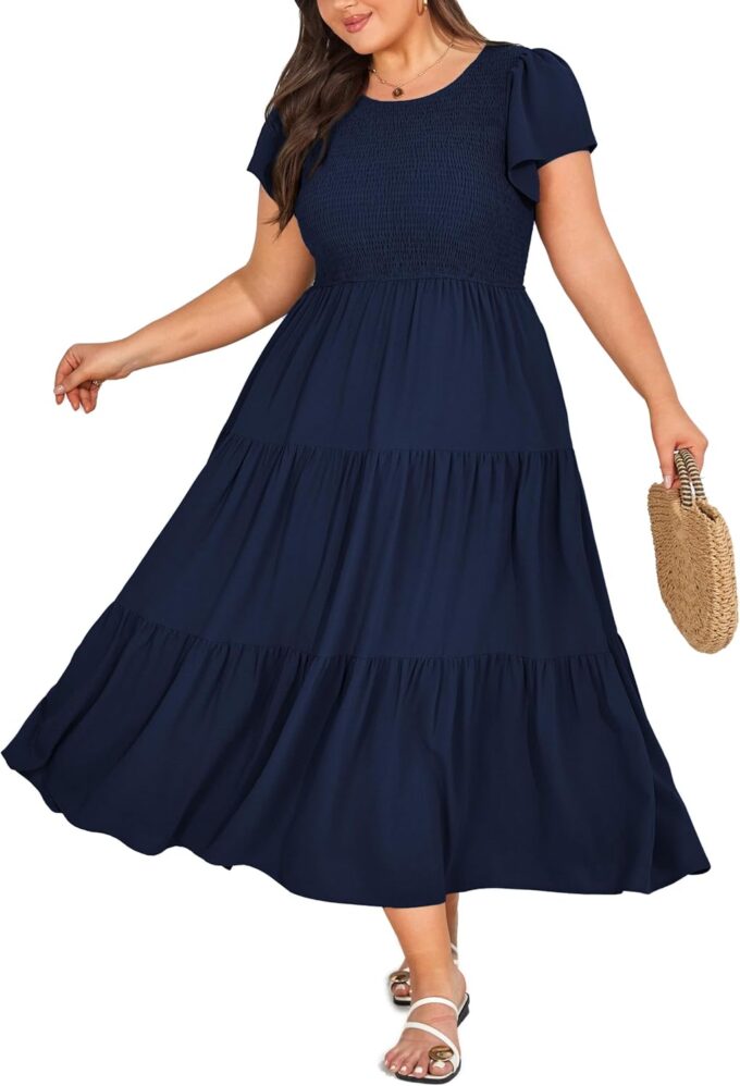 KIMCURVY Women's Plus Size Summer Casual Dress Crew Neck Flutter Short Sleeve Smocked Tiered Maxi Dress with Pockets