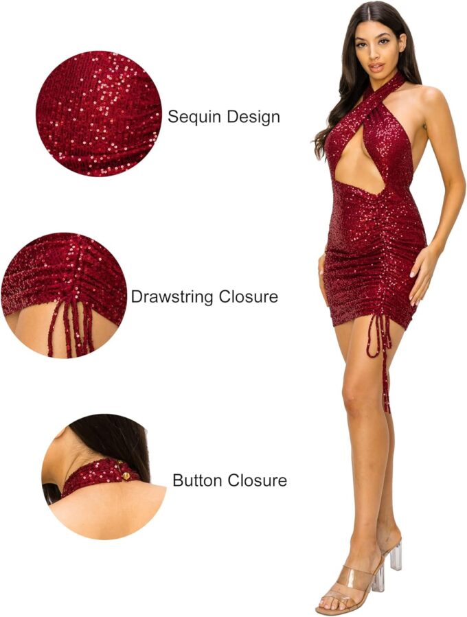 Women's Sexy Ruffled Bodycon Criss Cross Halter Sequin Glitter Backless Mini Nightclub Disco Club Party Dress – Bild 4