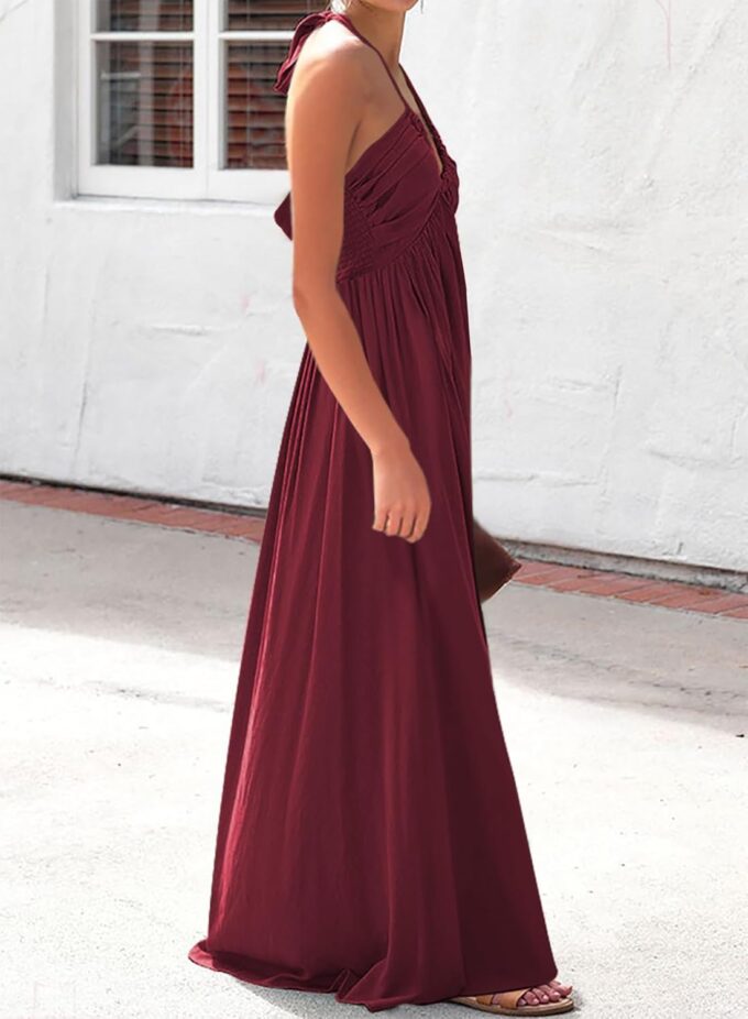 Maxi Chiffon Dresses for Women 2025 Sexy Halter V Neck Backless Smocked High Waisted A Line Beach Vacation Sundress – Bild 4
