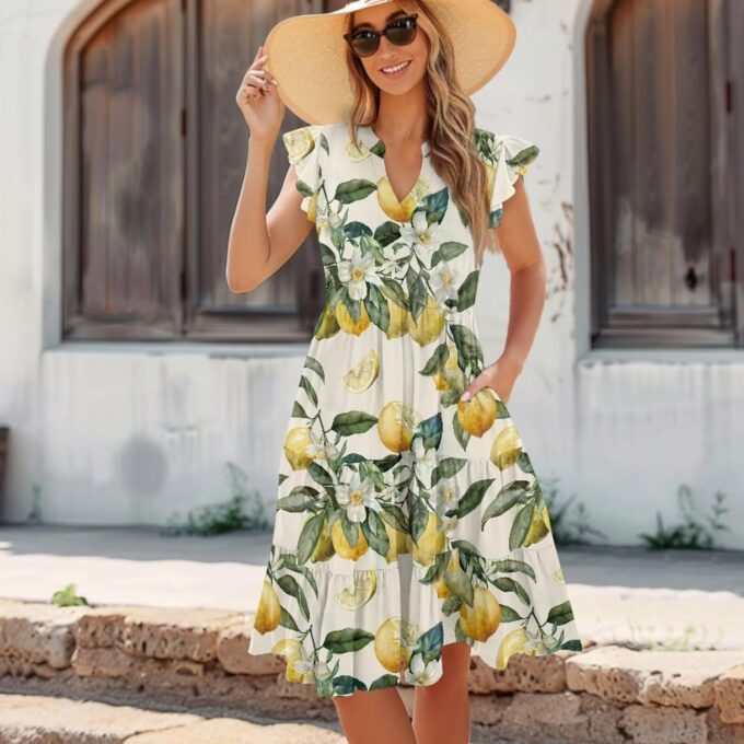 Womens Summer Dress Ruffle Sleeve V Neck Dress Casual Fit Flowy Beach Vacation Sundress with Pocket S-2XL – Bild 3