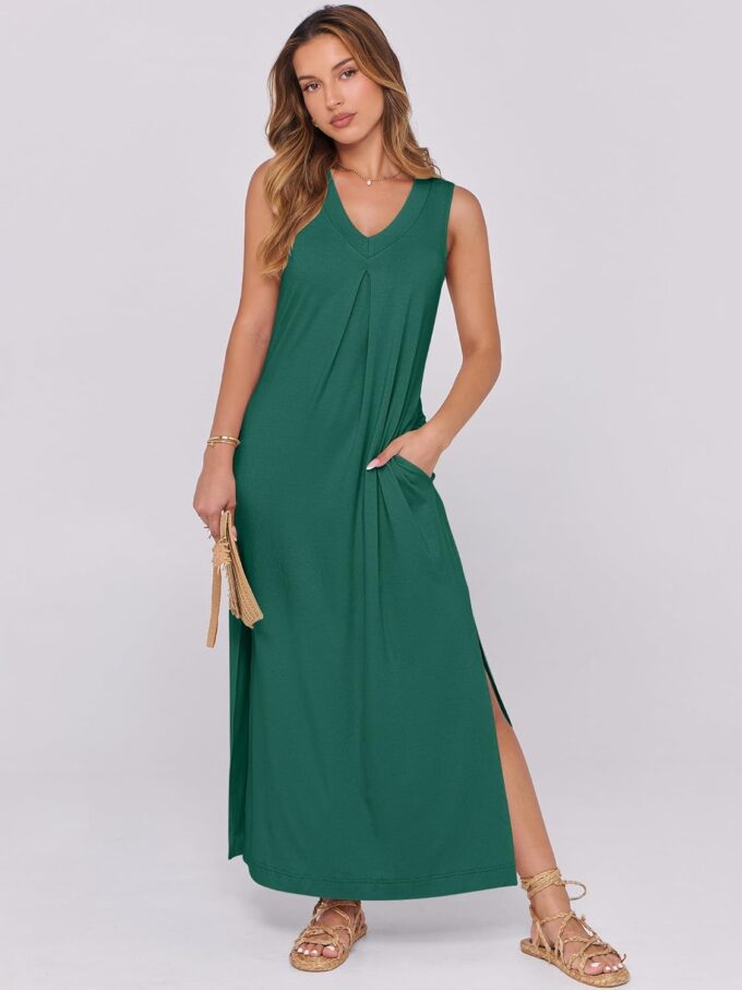 ANRABESS Women's Summer Casual Sleeveless V Neck Maxi Dress 2025 Spring Flowy A-Line Beach Vacation Sundress with Pockets – Bild 3