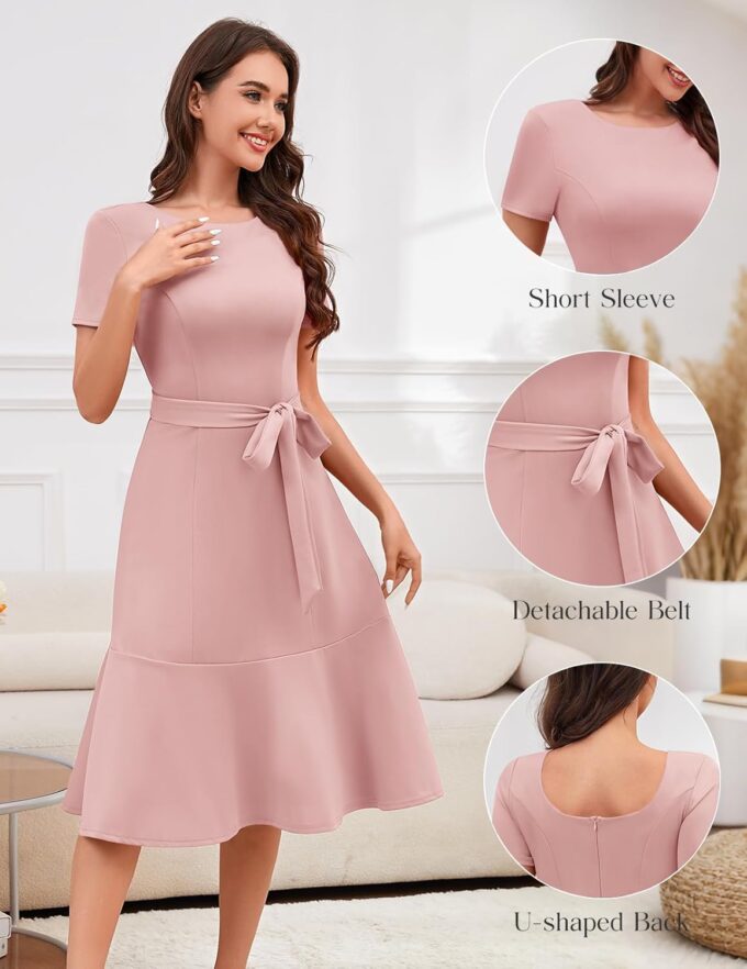 Bbonlinedress Womens Short Sleeve Wedding Guest Dresses Cocktail Vintage Party Church Formal A-Line Midi Dress with Belt – Bild 4