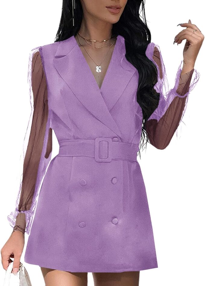LYANER Damen Elegant Kragen V Ausschnitt Spitze Langarm Blazer Minikleid mit Gürtel – Bild 3
