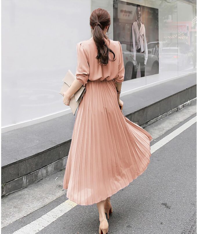 Womens Pleated Long Sleeve Loose Dress Casual Maxi Dresses with Tie Waist – Bild 5