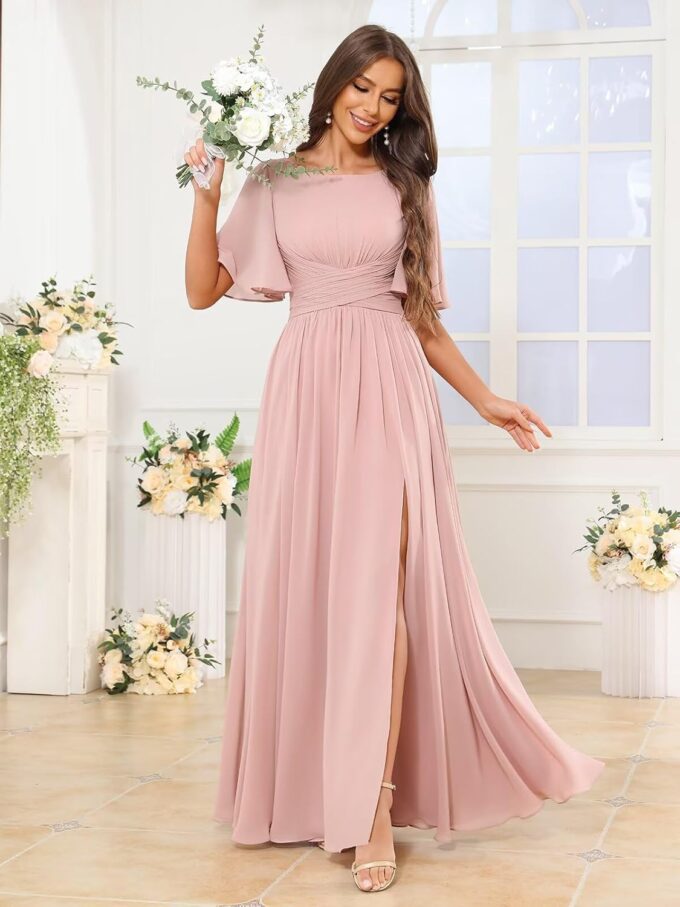 Women's Chiffon Bridesmaid Dresses with Slit Scoop Neck Flutter Sleeve Formal Wedding Guest Dress with Pockets – Bild 3