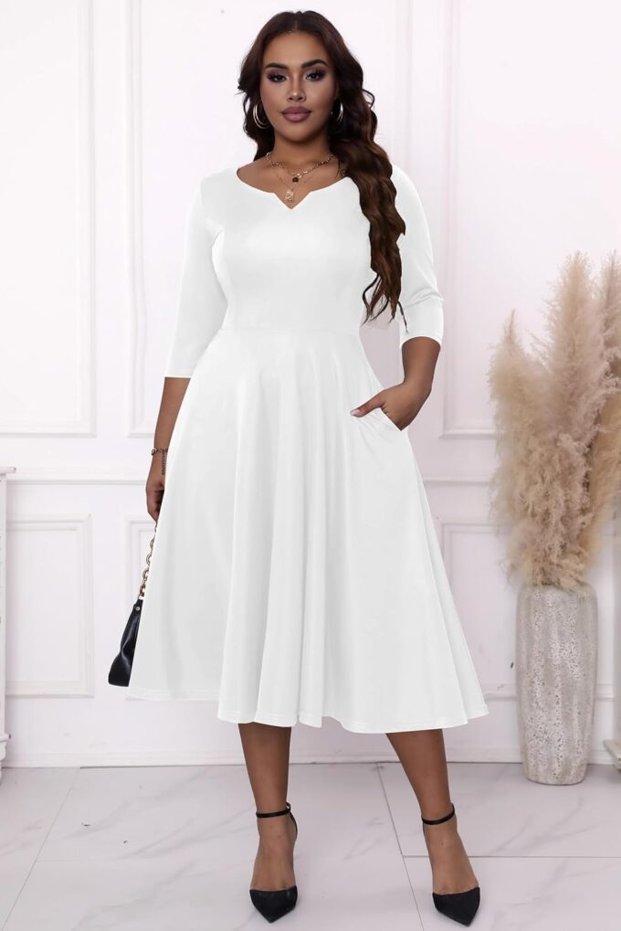 Runwind Plus Size Dresses Women Fit and Flare A-Line Swing Dress 3/4 Sleeve Midi Church Wedding Guest Cocktail Party Dresses – Bild 2