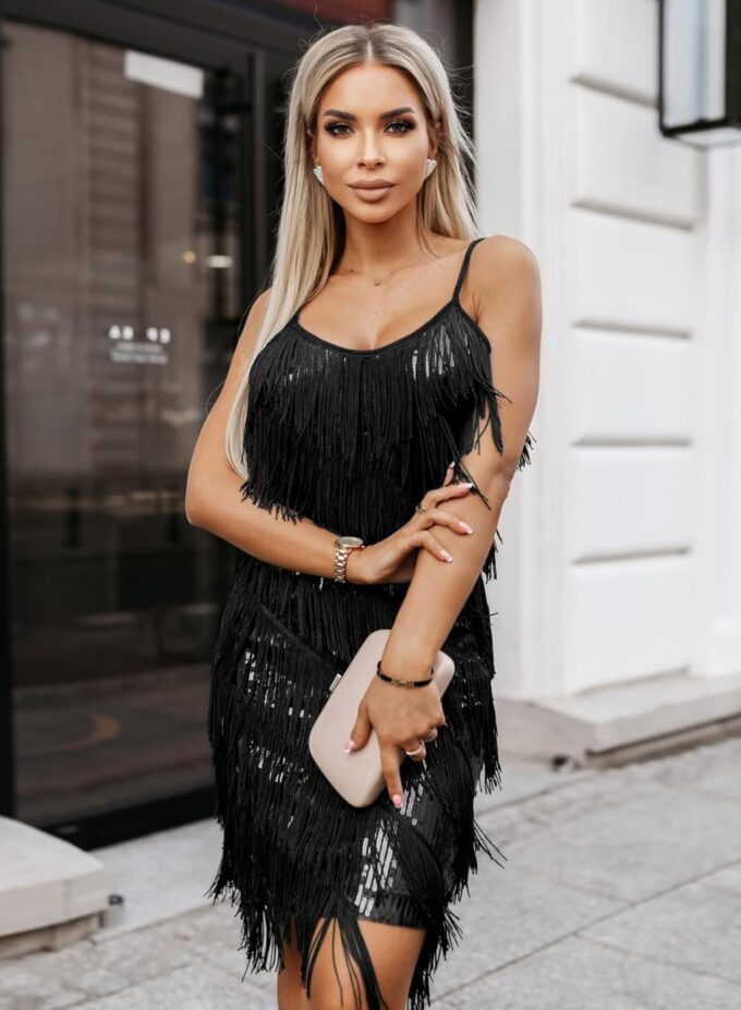 miduo Womens Sequin Tassel Fringe Party Dress Sleeveless Spaghetti Straps Flapper Dresses Cocktail Mini Dresses – Bild 3