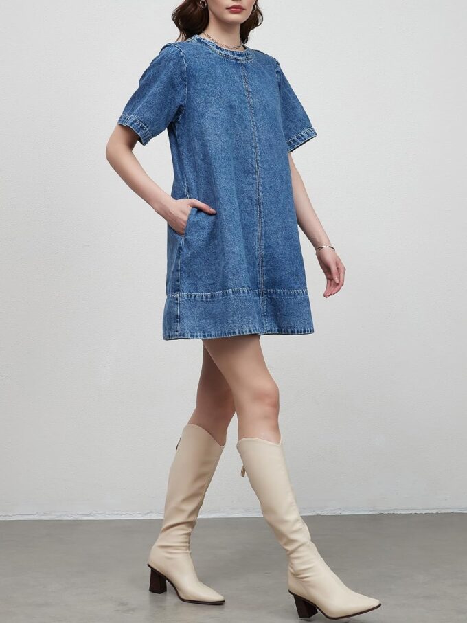 LifeShe Denim Dress for Women Summer Casual Short Sleeve Chambray Mini Jean Dresses with Pockets – Bild 7