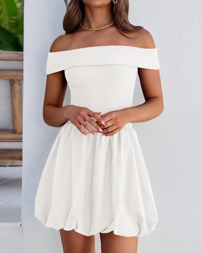 PRETTYGARDEN Women Summer Sexy Off Shoulder Bubble Dress 2025 Knit and Woven Cocktail Party Mini Dresses with Pockets – Bild 6