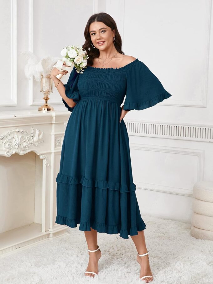 SCOMCHIC Women's Plus Size Maxi Dresses Summer Short Sleeve Square Neck Smocked Wedding Guest Cocktail Boho Long Dress – Bild 2