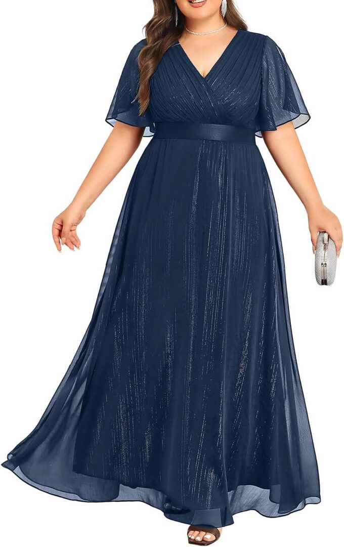 Plus Size Formal Dress - Chiffon V Neck Bridesmaid Wedding Guest Party Short Sleeve A-Line Floor Length Dresses