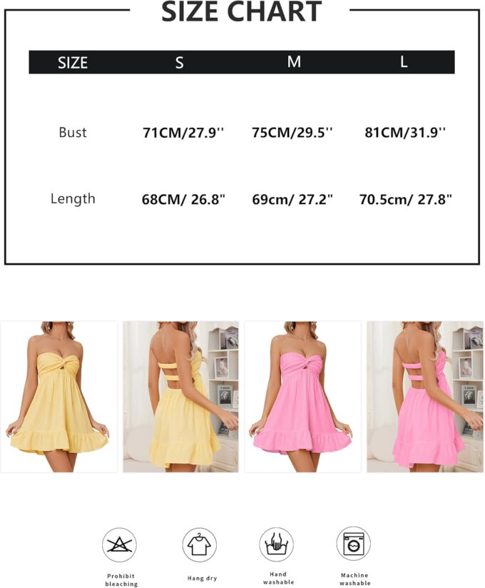 Womens Strapless Mini Dress Twist Knot Front Cut Out Babydoll Dress Smocked Backless Ruffle Hem Tube Dresses – Bild 4