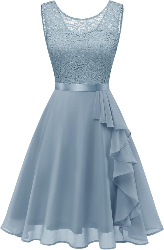 BeryLove Women's Cocktail Dresses Prom Wedding Guest Short Bridesmaid Dresses Ruffle Hem Sleeveless Lace Formal Dress