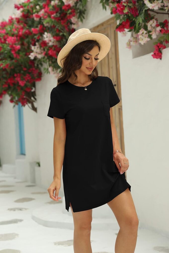 Ladiyo Women T Shirt Dress Summer Fashion Mini Dress Crew Neck Short Sleeve Dress Solid Color Casual Dress with Pocket – Bild 3