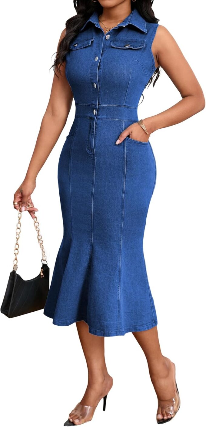 SeNight Women's Denim Dress Sexy V Neck Bodycon Mini Dresses – Bild 4