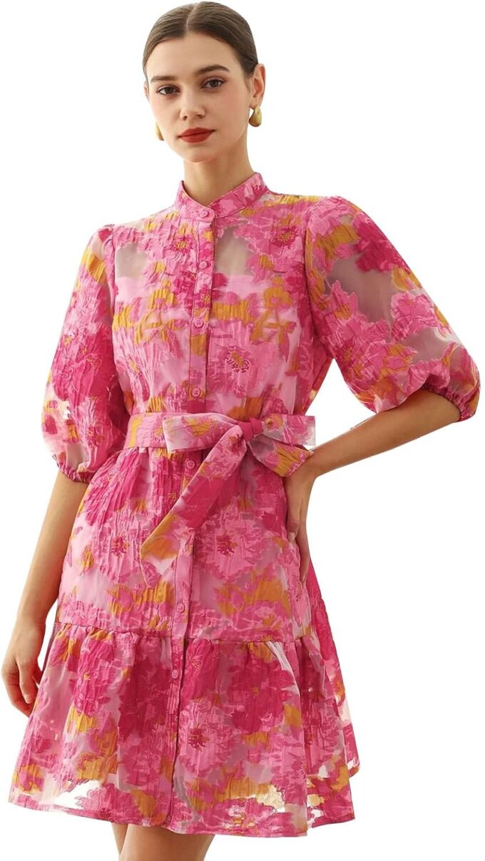 CHICWISH Women Floral Jacquard Mini Dress Puff Sleeves Mock Neck Button Garedn Party Organza Casual Dress with Belt – Bild 2