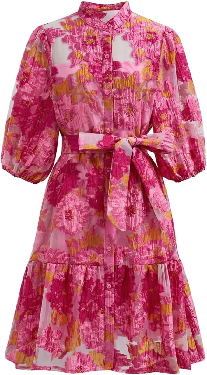 CHICWISH Women Floral Jacquard Mini Dress Puff Sleeves Mock Neck Button Garedn Party Organza Casual Dress with Belt