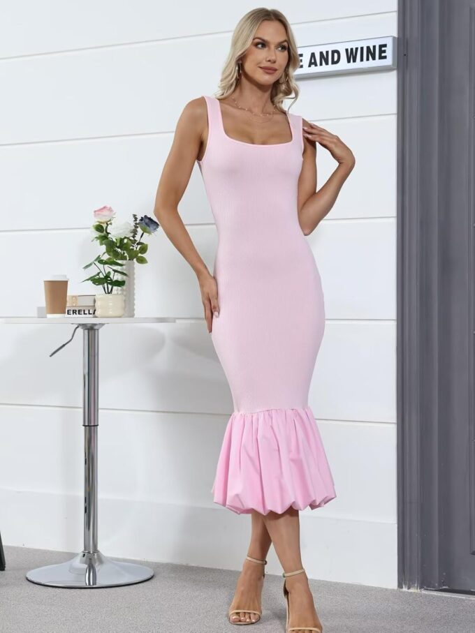 Women's 2025 Summer Bubble Bodycon Midi Dress Sexy Sleeveless Fishtail Mermaid Party Club Long Dresses – Bild 4