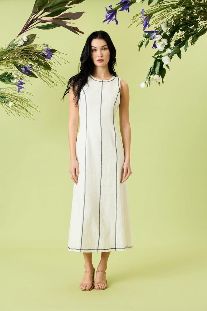 Donna Morgan Women's Linen Rayon Sleeveless Midi Length Formal Contrast Stitching-Elegant Wedding Guest Dress – Bild 4