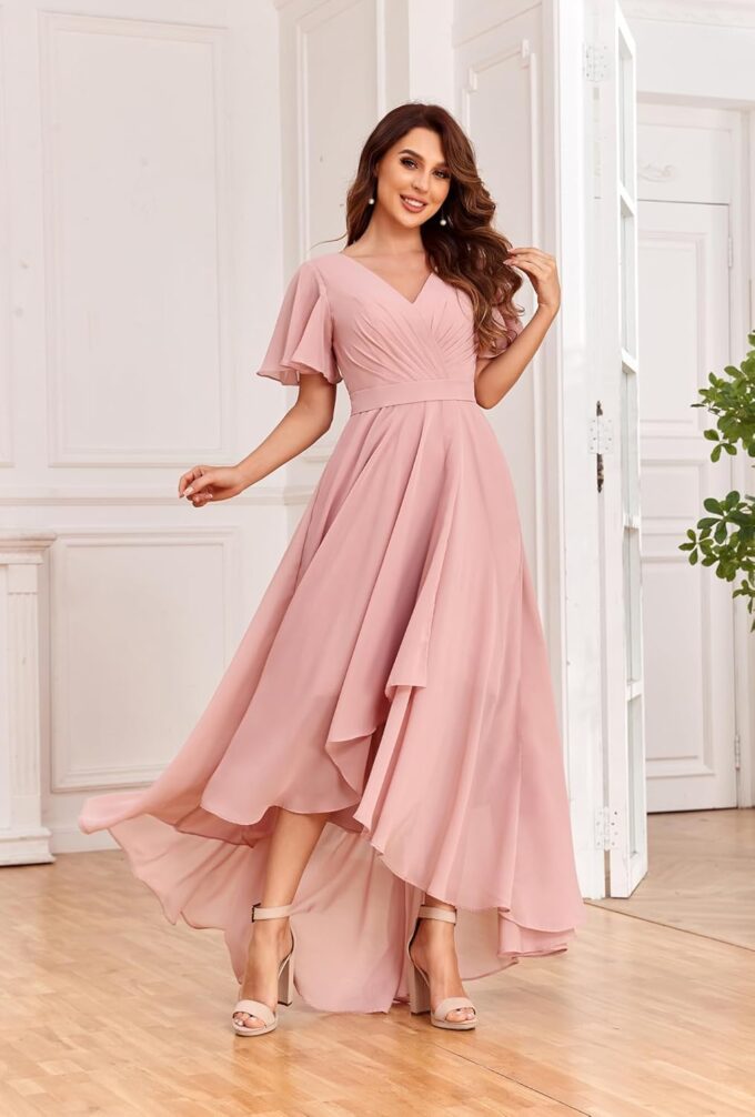 Women's High Low Bridesmaid Dresses for Women Chiffon Pleated V Neck Short Sleeves Formal Gown with Slit – Bild 5