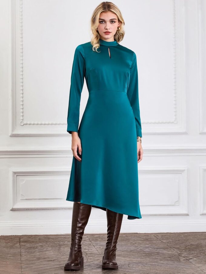 Hobemty Damenkleid aus Satin, elegant, langärmelig, Stehkragen, Keyhold A-Linie Kleid – Bild 2