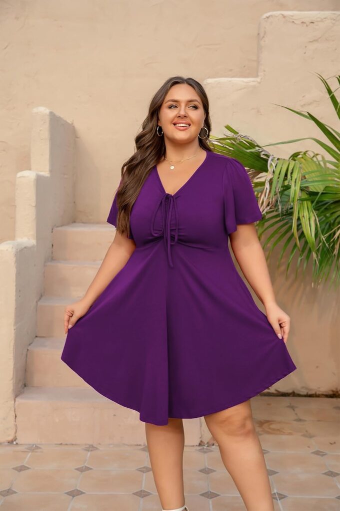Women's Plus Size Dresses Casual Flowy Dress with Pocket Short Ruffle Sleeve V Neck Drawstring Bow Summer – Bild 4