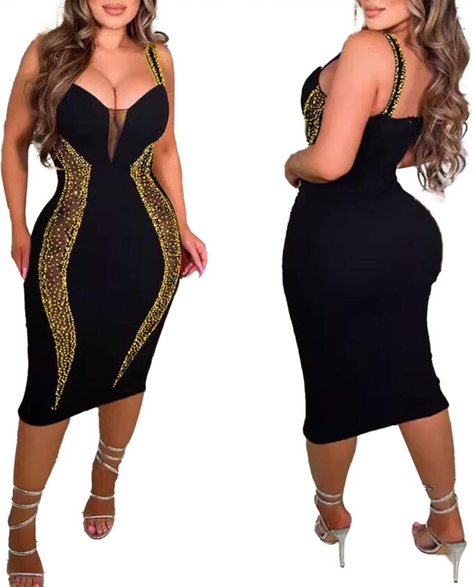 PORRCEY Women's Sexy Elegant Rhinestone Bodycon Party Club Night Dresses Hot Drilling Clubwear – Bild 3