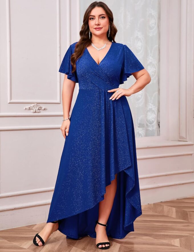 ZOMVA Plus Size 1X-4X Sparkly Glitter Formal Maxi A Line Dress Sparkle Wrap Ruffle Sleeve Prom Dresses Cocktail Evening Gown – Bild 6