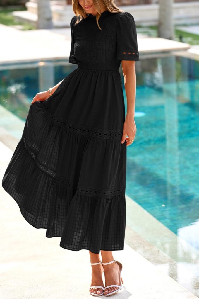 dowerme Summer Dresses for Women 2025 Casual Boho Hollow Out Short Sleeve Ruffle Mock Neck Smocked Maxi Gingham Sundress – Bild 7