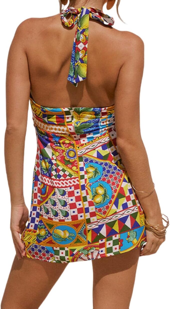 Women's Sexy Halter Tropical Printed Mini Dress Sleeveless A Line Bodycon Dress Backless Party Vacation Dresses – Bild 3